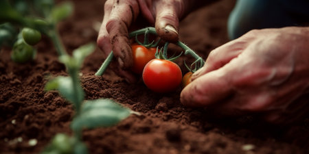 farmer harvests tomato in garden outdoors, organic growing, panoramic image. Generative Aiの素材