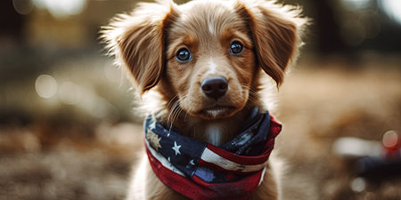 dog with American flag, USA independence day concept, panoramic image. Generative Aiの素材