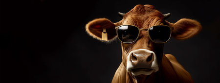 Funny cow in sunglasses, vacation concept, panoramic layout. Generative Aiの素材