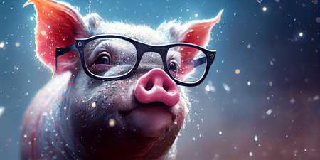 party with pig and confetti, panoramic image.  Generative Aiの素材