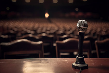 Microphone over the blurred conference hall or seminar room background. Generative Aiの素材