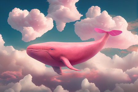 pink whale flying in the sky. Generative Aiの素材