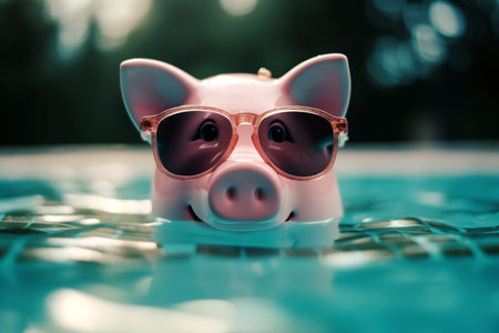 piggy bank in pool, saving money for vacation time. Generative Aiの素材