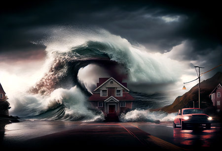 tsunami approaching the city during the day. Generative AI.の素材