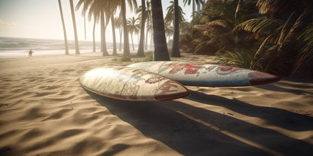 Surfboards on the beach, panoramic image. Generative Aiの素材