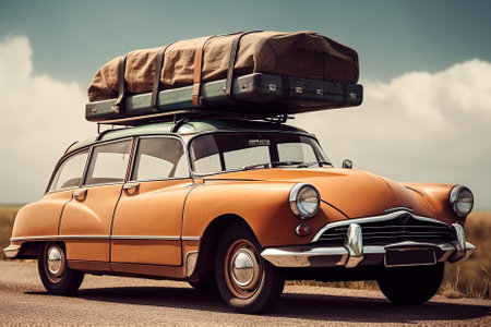 Retro car with luggage on the roof, summertime vacation road trip concept. Generative Ai