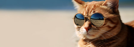 Summer vacation banner, cat in sunglasses, panoramic layout. Generative Aiの素材