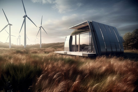 Solar panels with wind turbines on roof. Generative Aiの素材