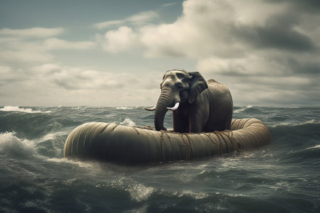 elephant floating on boat in the sea, travel by water concept. Generative Aiの素材