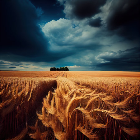 agricultural field on which grows rye or wheat under a dark cloudy sky. Generative Aiの素材