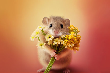 cute baby mouse holding a bouquet of spring flowers. Generative Aiの素材