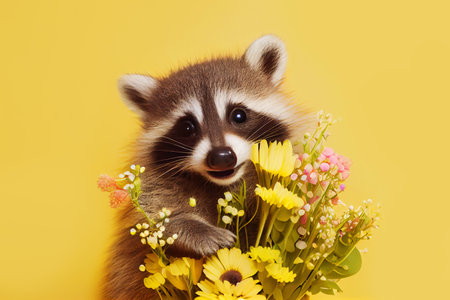 baby raccoon with flowers over yellow background, springtime concept. Generative Aiの素材