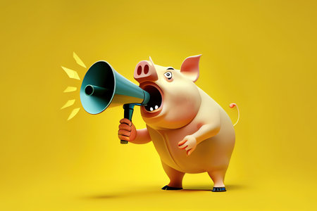 angry pig with megaphone over yellow background. Generative Aiの素材