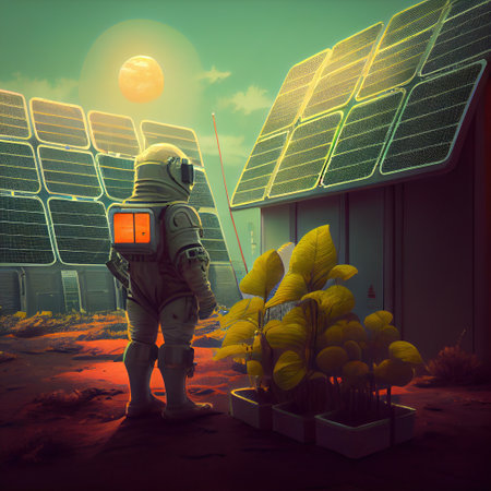 astronaut with plant on planet Mars, colonisation with solar panels. Generative Aiの素材