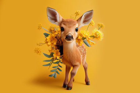 baby deer with flowers over yellow background, postcard for 8 march. Generative Aiの素材