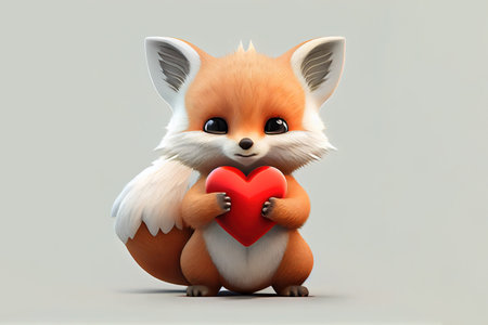 cartoon baby fox with red heart, concept happy Valentine's day. Generative AIの素材