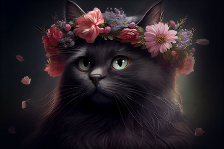 black cat in a floral crown. Generative Aiの素材