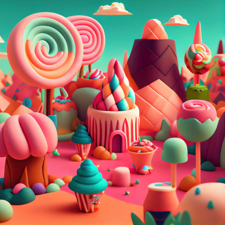 Beautiful fantasy sweet world background, candy land. Generative Aiの素材