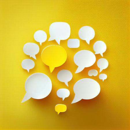 Blank white bubble talk over yellow background, social media concept. Generative Aiの素材