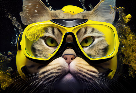 Portrait of a cat in a diving mask. Generative Aiの素材