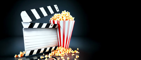 clap and popcorn, entertainment concept, panoramic layout. Generative Aiの素材