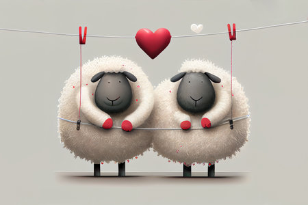 couple of sheeps in love, postcard for 14th february. Generative Aiの素材