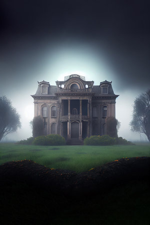 creepy haunted mansion on a grass field with fog. Generative Aiの素材