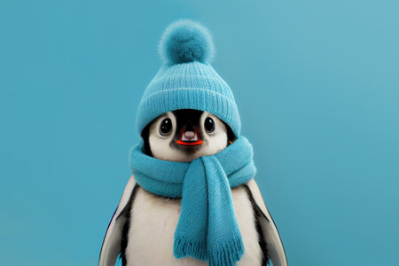 cute baby penguin in a hat and scarf over blue background. Generative Aiの素材