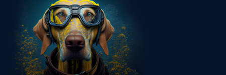 Portrait of a dog in a diving mask, summer vacation concept, panoramic layout. Generative Aiの素材