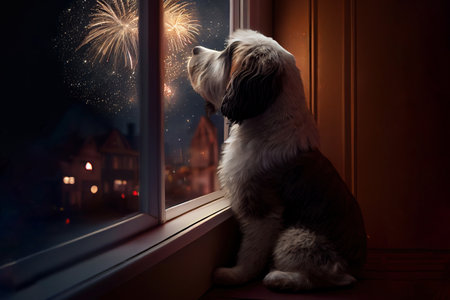 Dog looking on  fireworks, concept of New Year. Generative Aiの素材