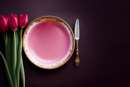 empty plate and tulips on dark background, postcard for 8 march. Generative Aiの素材