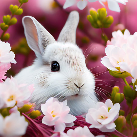 easter bunny in blossom flowers, spring background. Generative Aiの素材
