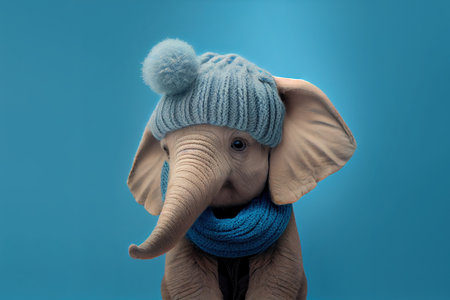 Cute baby elephant in a knitted hat and scarf. Generative Aiの素材