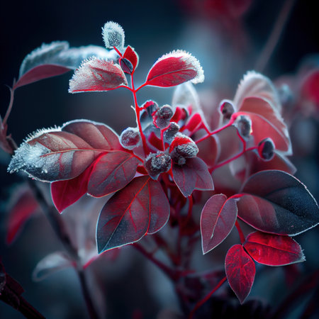 Frozen red leaves, the first frosts. Generative Aiの素材