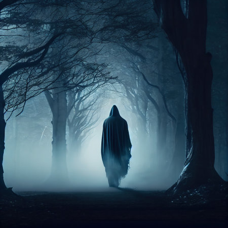 ghostly silhouette in spooky dark forest. Generative Aiの素材