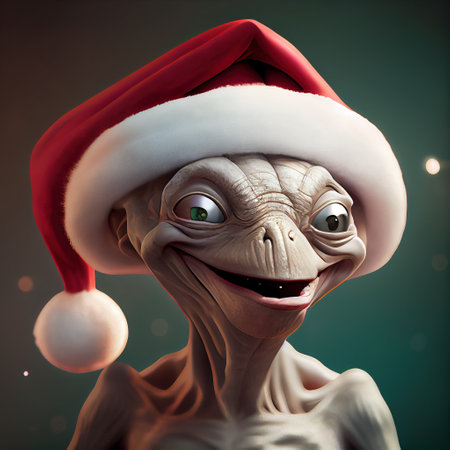 Funny smiling Humanoid alien in santa hat, Generative Aiの素材