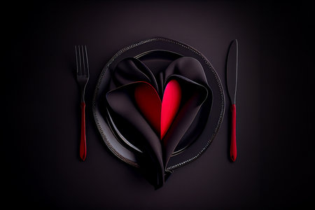 Heart made from red napkin on black plates with black cutlery. Generative Aiの素材