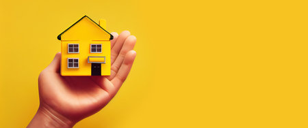 Hand holding home, concept of rent or sale, panoramic layout. Generative Aiの素材