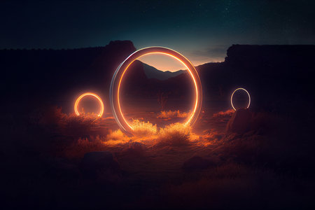 Glowing lighting circle set against an outdoor landscape. Generative Aiの素材