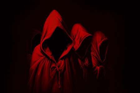 Group of mystery people in a red hooded cloaks. Generative Aiの素材