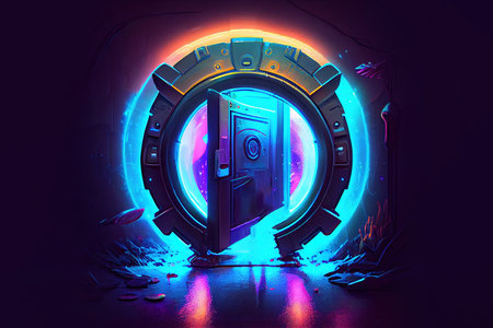 illuminated neon round portal with door. Generative Aiの素材