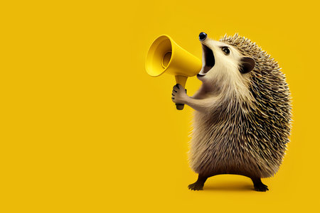hedgehog screaming into megaphone over yellow background. Generative Aiの素材