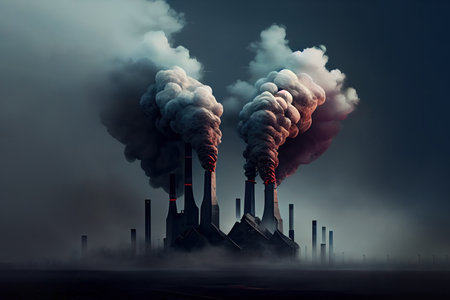 Emission to atmosphere from industrial factory chimney. Generative Aiの素材
