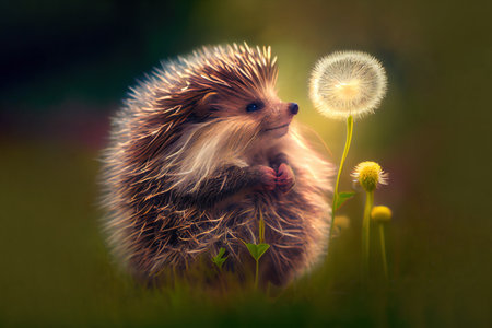 Cute hedgehog with dandelion. Generative Aiの素材