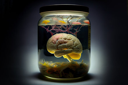 Human brain in a jar full of liquid. Generative Aiの素材
