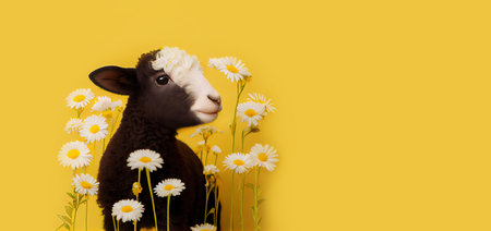 baby lamb with spring flowers, panoramic layout. Generative Aiの素材