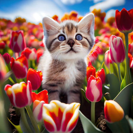 kitten in tulips field. Generative Aiの素材