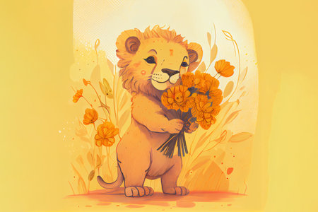 baby lion with spring flowers. Generative Aiの素材