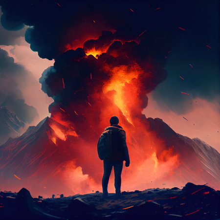 man looking an active volcano at sunset. Generative Aiの素材