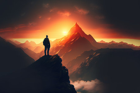 A man standing on top of a mountain. Generative Aiの素材